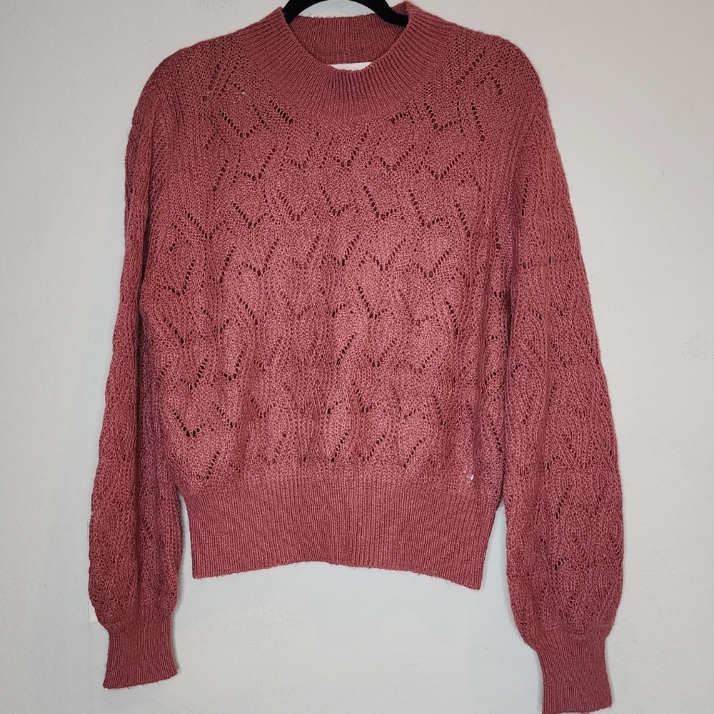 Heartloom Wool‎ Mohair Blend Pink Pointelle Open Knit Mock Neck Sweater Size L